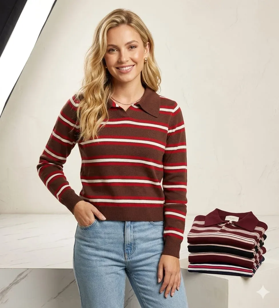 Blusa Manga Longa Listrada Gola Polo